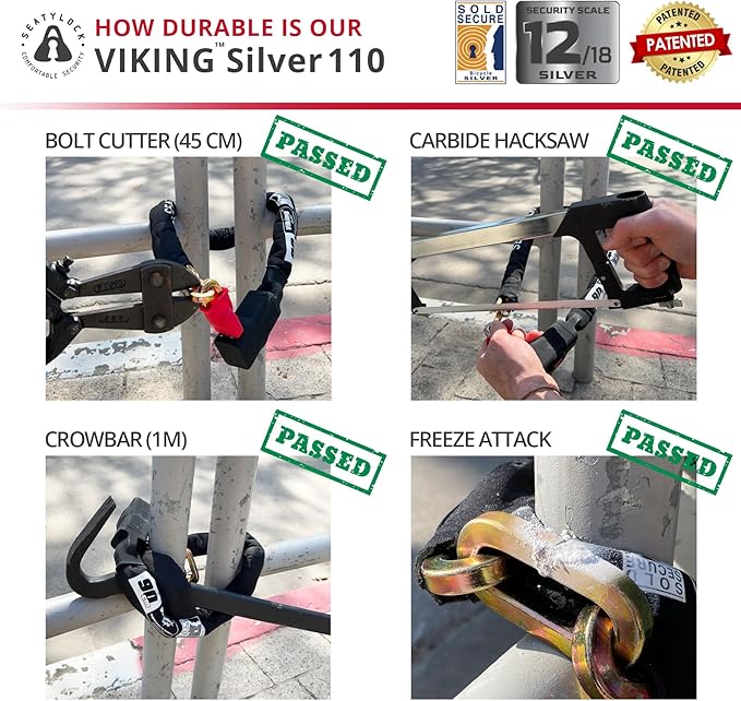 Seatylock Viking Bike Chain Lock with Key - Magnetic Patented Sold Secure Rated - Heavy Duty Anti Theft - Smart Ultra Security Bicycle Lock (43.31 Inch, Silver Rated)