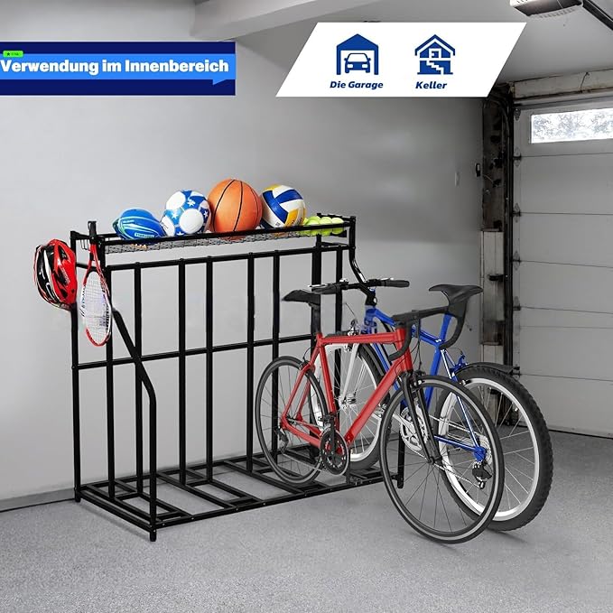 Kapler Bike Stand Rack - 4-Bicycle Floor Parking with Storage Basket & Anti-Slip Base for Garage Backyard Indoor & Outdoor Use - Fits Mountain Road & Hybrid Bikes