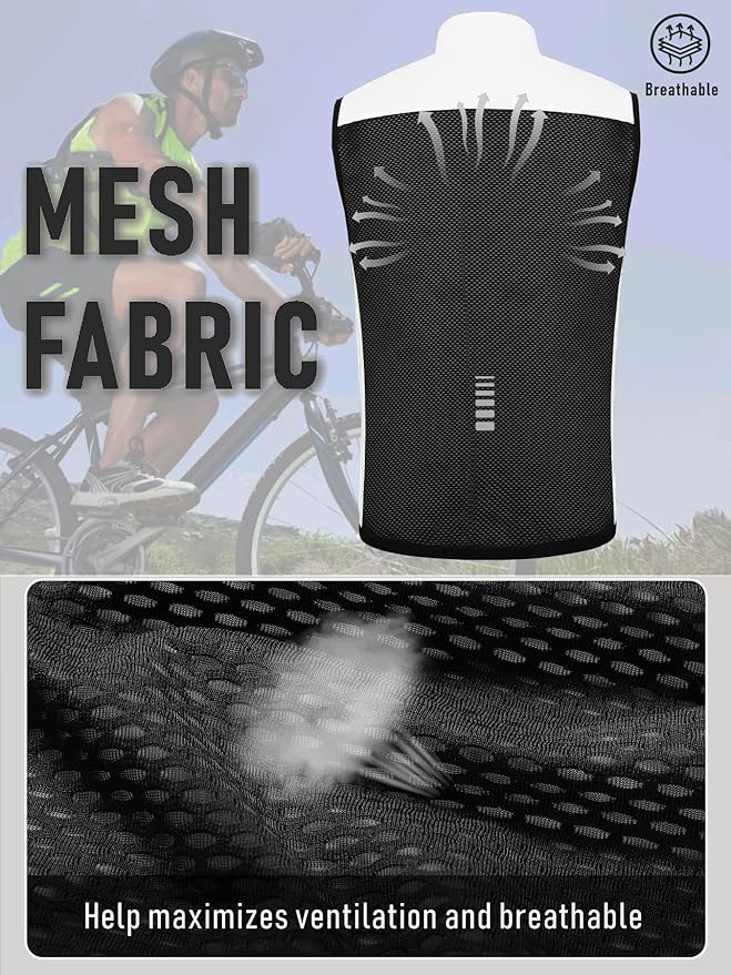 qualidyne Men’s Lightweight Windproof Cycling Vest, Full-Zip Sleeveless Bike Gilet with Breathable Mesh Back and Reflective