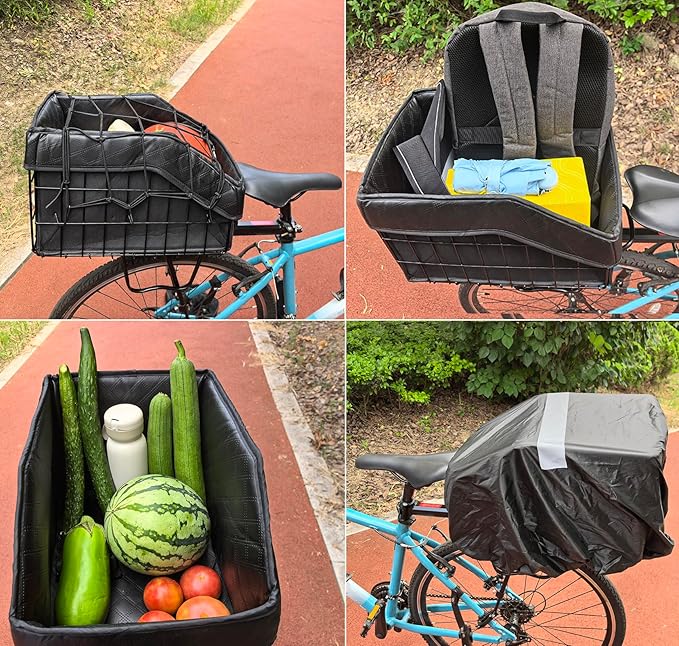 THALOUS Large Bike Rear Basket Thickened Folding Bicycle Basket with Leather Liner Bag Waterproof Cover Cargo Net Quick Release
