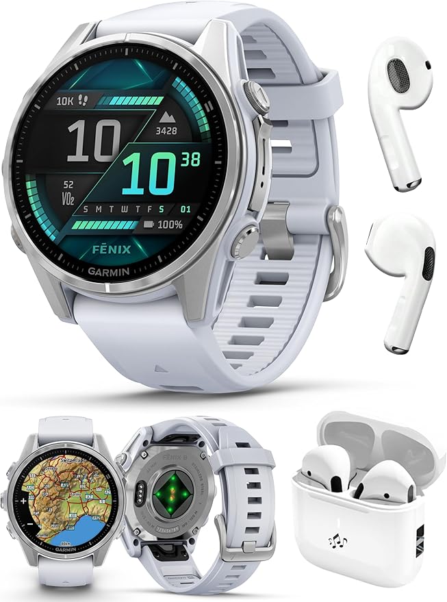 PlayBetter Garmin Fenix 8 AMOLED (43mm, Silver/Whitestone) Multisport GPS Smartwatch Bundle - 1.3” Touchscreen, Built-in LED Flashlight Wireless Running Earbuds