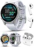 PlayBetter Garmin Fenix 8 AMOLED (43mm, Silver/Whitestone) Multisport GPS Smartwatch Bundle - 1.3” Touchscreen, Built-in LED Flashlight Wireless Running Earbuds
