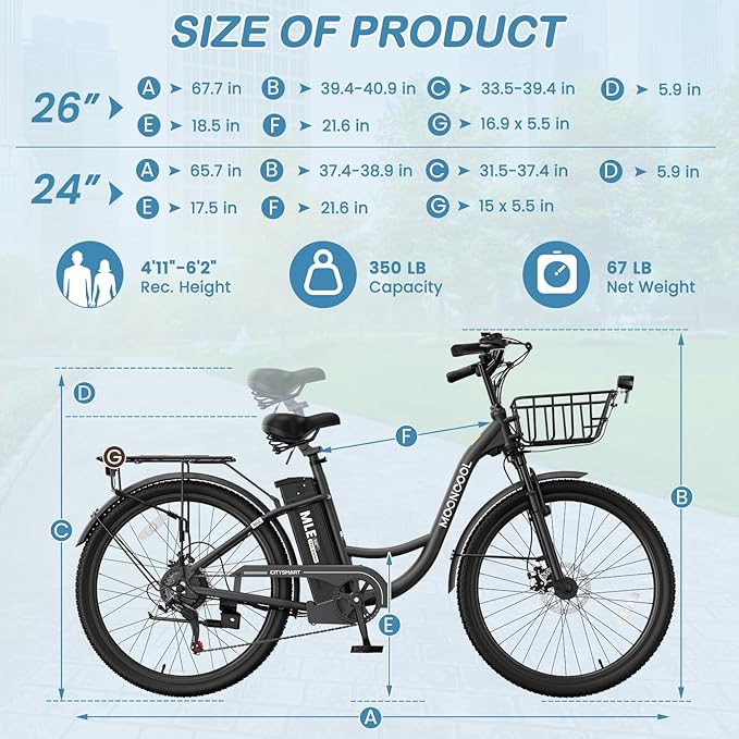 LILYPELLE Electric Bike for Adults, 700W Peak Power Commuter Ebike with 36V 10.4Ah Removable Battery, 7-Speed 24'' 26'' Tires City Cruiser Ebike E-Bicycle