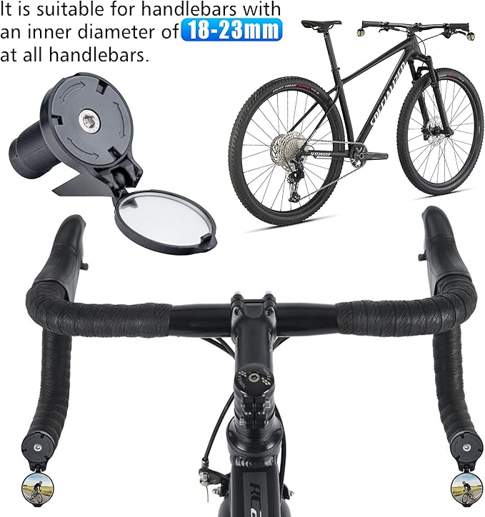 Bike Bar End Rear View Mirror 2 Pack - Adjustable HD Convex Glass Rearview Mirror for Road Bike Drop Bar End or Handlebar End of Mountain Bike, Bicycles, Scooters