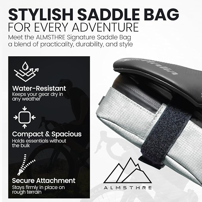 ALMSTHRE Signature Bike Saddle Bag – Sterling Silver | 0.5L Bike Seat Bag (3" x 5.25" x 2") | Water-Resistant Ripstop, Waterproof Zipper, Internal Pocket | Durable Under Seat Storage