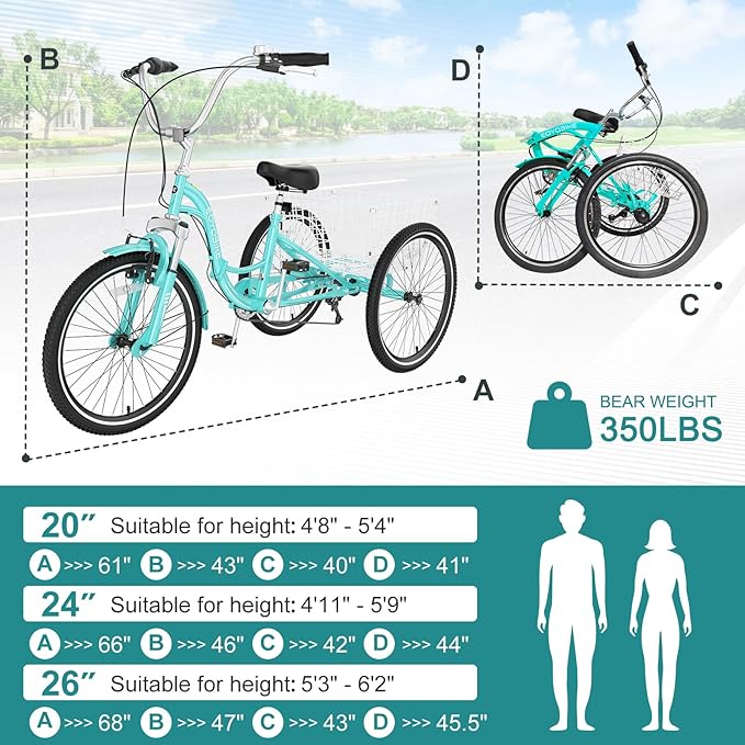 MOPHOTO Adult Folding Tricycle, 7-Speed 3 Wheel Bike for Adults, Seniors, Women & Men, 20/24/26 Inch Low Step-Through Trike with Large Rear Cargo Basket, Adjustable Seat, Space-Saving Cruiser Bicycle
