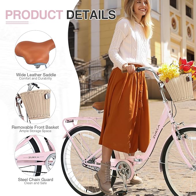 24/26 Inch Folding Girls/Womens Cruiser Bike，1-Speed Foldable Hybrid City Bicycle with Dual Brakes,Basket & Rear Rack，Adjustable Seat Post&Handlebar，3 Colors