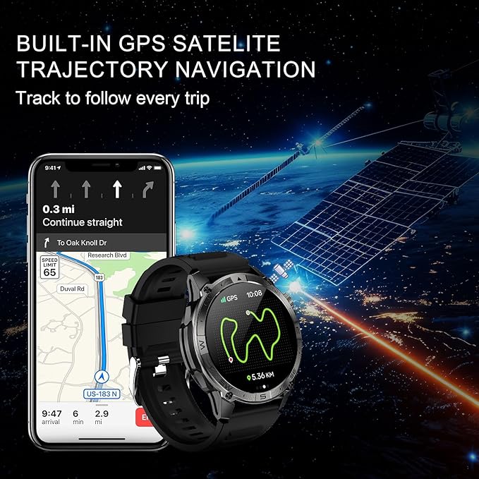 Military Smartwatch for Men, GPS Smart Watches Bluetooth Calls, 1.43" AMOLED Fitness Tracker with 530 mAh Large Battery/3ATM Waterproof/Compass/Air Pressure/Altitude for Android iOS