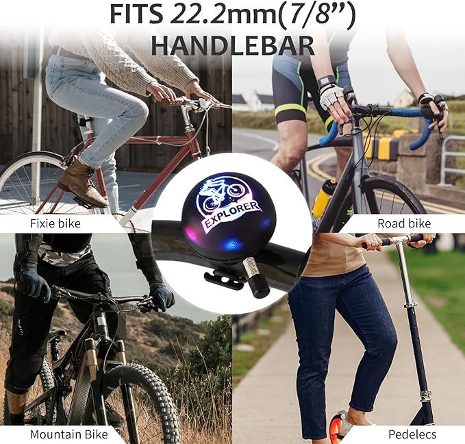 Electric Bike Bell - Rechargeable Bike Horn with 5 Loud Sounds Up to 100dB Waterproof, Electronic Bicycle Horn - Classic Bicycle Ring Bell with Light for Adult Mountain Bike Handlebars Explorer