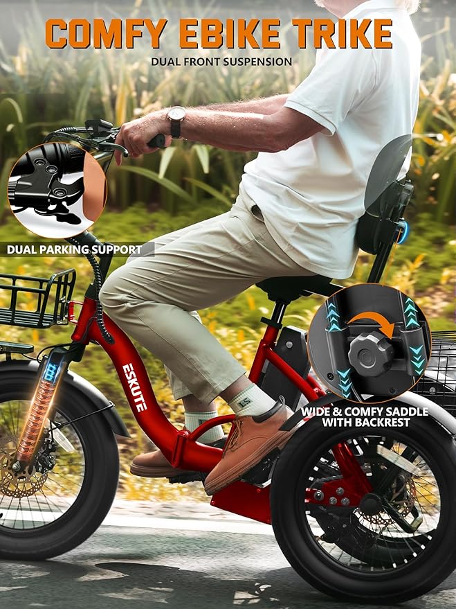 ESKUTE E Trike Electric Bike, Peak 1200W Brushless Motor Folding Trike 18X3.0 Fat Tire Ebike, 624Wh Removable Battery, Step-Thru 3 Wheel Electric Bicycle, Up to 55 Miles, 18MPH+ Tricycle for Adults