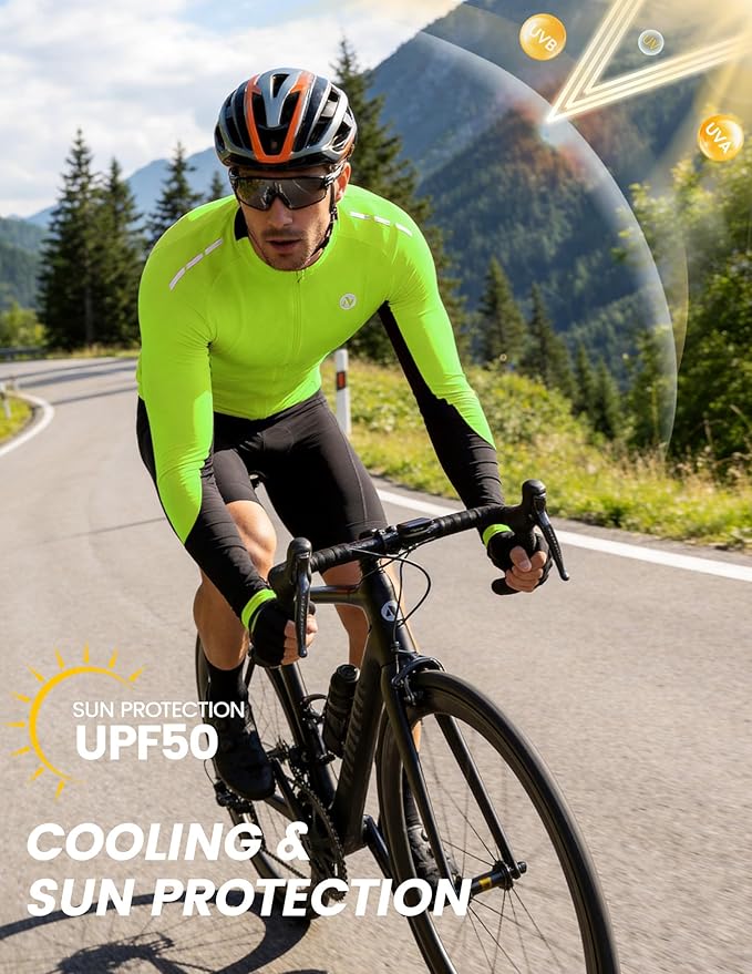 Nepest Mens Cycling Jersey Long Sleeve Bike Jersey UPF 50+ Road Biking Shirts Clothing with 4 Rear Pockets