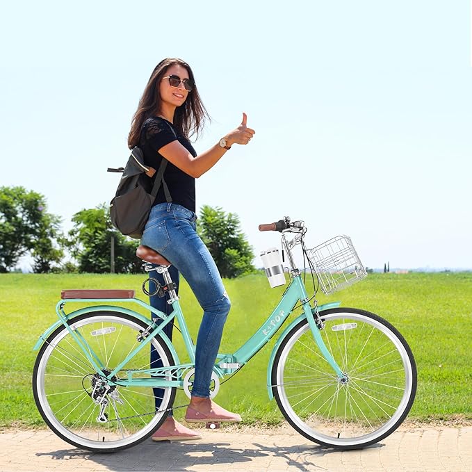 24/26 Inch Foldable Beach Cruiser Bike for Womens, 7 Speed Womens Bike with Basket and Coffee Cup, Commuting Bicycles for Women, Lightweight Complete Cruiser Bikes Bicycle for Ladies Adults