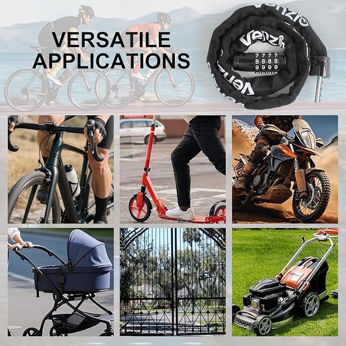 Venzio 4-Digit Combination Bike Chain Lock, Keyless 4mm x 900mm (3FT) Anti-Theft Security Lock for Bicycle, E-Bike, Scooter, Fence, Gate, Door, with Zinc Alloy Core & Fabric Sleeve