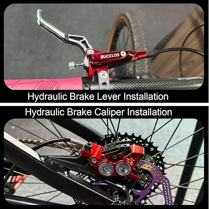 BUCKLOS MTB Hydraulic Disc Brake Set 4 Pistons Front 850mm and Rear 1550mm Hydraulic Brakes with Aluminum Alloy Lever with Caliper Ceramic Brake Pad Fit Mountain Bike,Ebike,Fat Bike HB-CP4 (Pre-Bled)