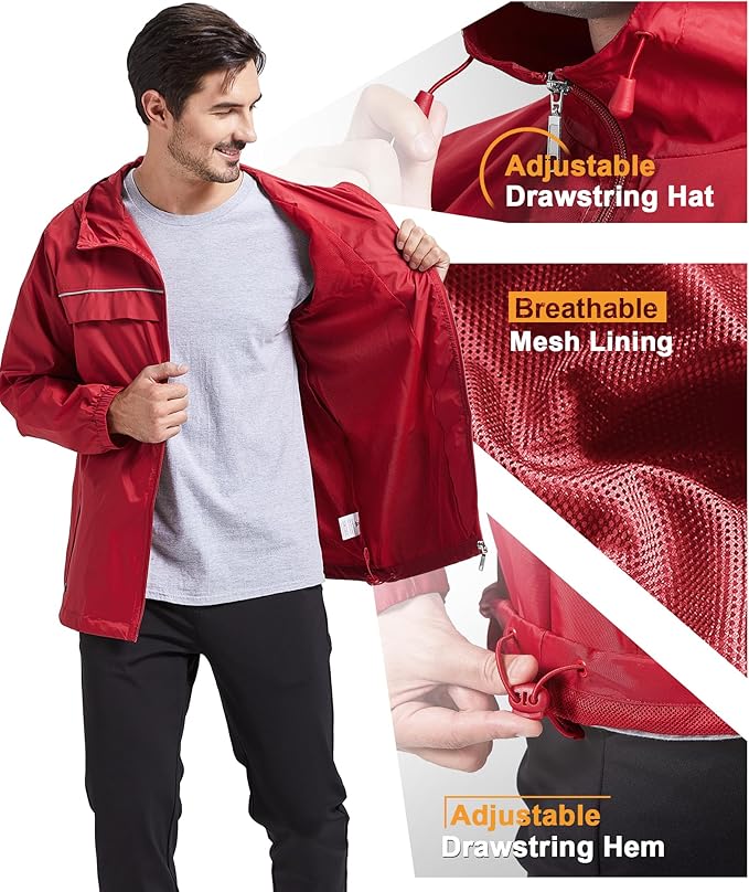GEEK LIGHTING Rain Jacket Men Lightweight Waterproof Jackets Packable Windbreaker Hooded Raincoat for Golf Cycling Outdoor