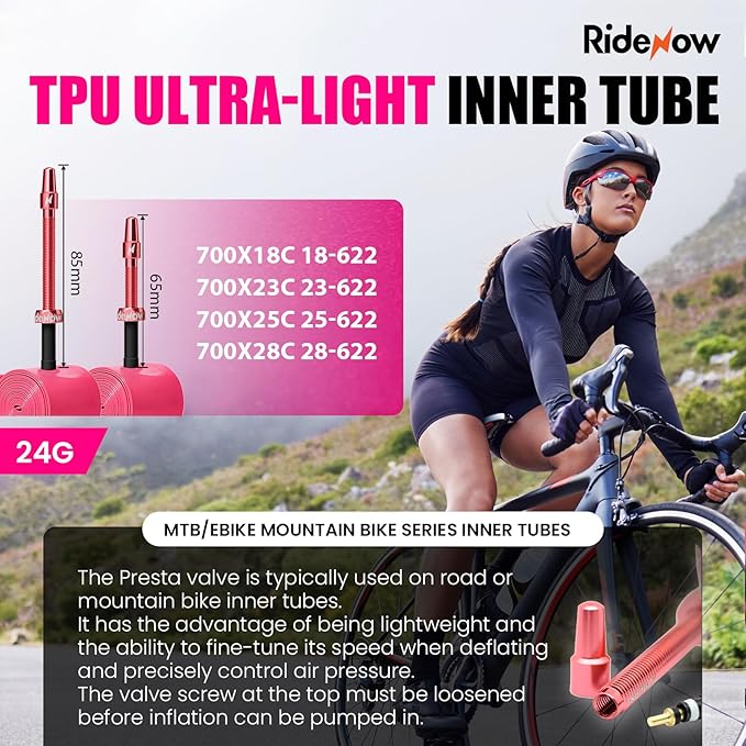 Ridenow 4-Pack Bike Inner Tube for 700/18C-28C, 700/18C-32C with 65/85 mm Metal &TPU Presta Valves for Road Bikes, Super Light Puncture Resistant Bicycle Inner Tube(Include Patch Repair Kits)