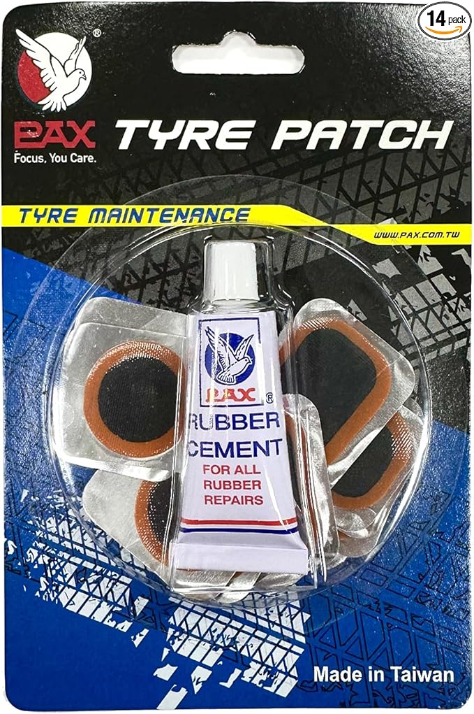 PAX 14Pcs Punctured Tube Tire Repair Patch Kit, Contains 6Pcs 24x35mmØ/ 4Pcs 25mmØ/ 2Pcs 32mmØ Tube Patches, Puncture Tire Repair Kit for Motorcycle, Scooter, Bicycle, Inflatable Rubber