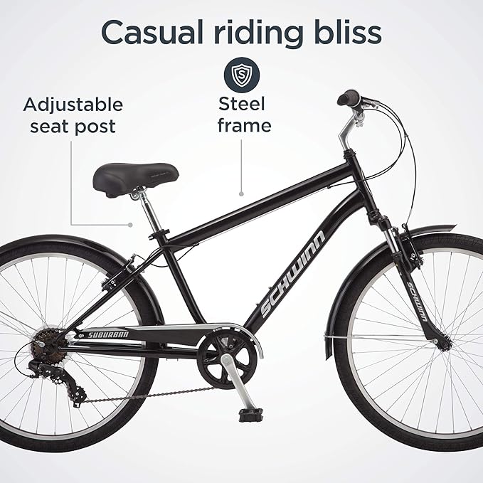Schwinn Suburban Adult Comfort Bike, Men and Women, 26-Inch Wheels, 7 Speed Drivetrain, 16 or 17-Inch Aluminum Frame, Alloy Linear Hand Brakes