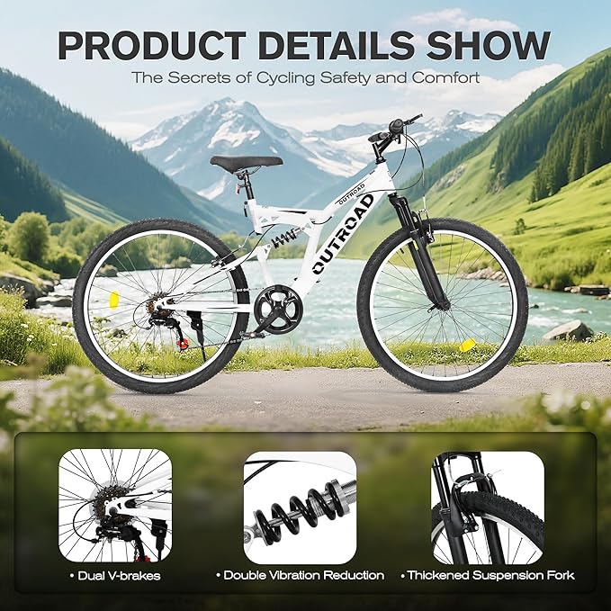 Mountain Bike for Adult Men Women, 26 Inch 7 Speed Mountian Bicycle with Dual Full Suspension, Dual V Brake MTB Bicycle, Multiple Colors