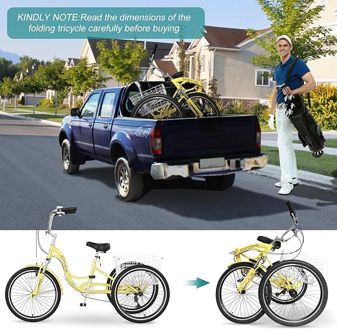 MOPHOTO Adult Folding Tricycle, 7-Speed 3 Wheel Bike for Adults, Seniors, Women & Men, 20/24/26 Inch Low Step-Through Trike with Large Rear Cargo Basket, Adjustable Seat, Space-Saving Cruiser Bicycle