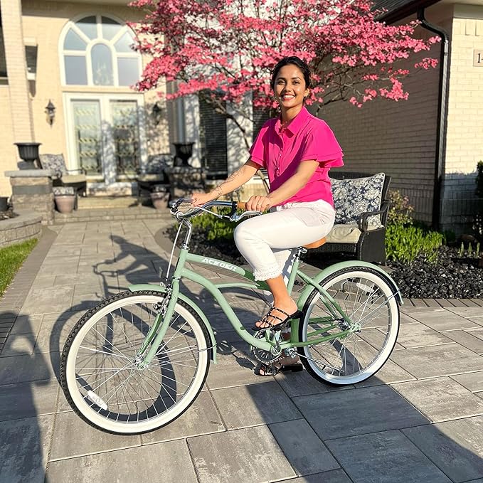 ACEGER 24 26 Inch Women Beach Cruiser Bike, Single Speed and 7 Speed, Adult Hybrid Bike Commuter Bicycle, Hi-Ten Steel Frame with Adjustable Handlebar and Saddle, Multiple Colors