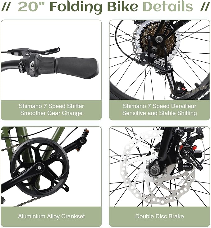 7-Speed Folding Bike, 20" x 1.95" Tires, Tri-Fold Design with Rear Rack Wheels, Steel Frame, Ideal for Urban Commuting