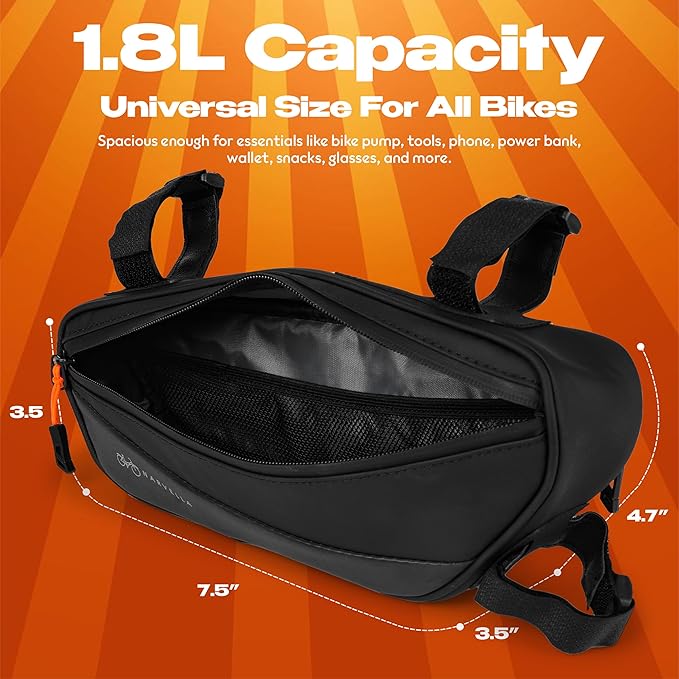 1.8L Bike Bicycle Frame Storage Bag with Tire pump & Bike Repair Kit – Waterproof Triangle Cycling Pouch with Pockets for Wallet, Phone, Tools, Keys for Adult Bikes, Mountain Bike, MTB