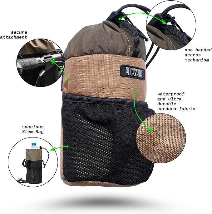 Bongo Bike Handlebar Bag - Water Resistant, Durable Cordura Fabric & Bicycle Large Water Bottle Holder - Front Biking Storage, Bikepacking Stem Bag for Cycling Travels (Brown)