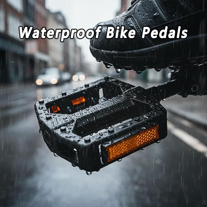 Nylon Bike Pedals with Ball Bearings, Anti-Slip Surface, Reflective Strips, One-Piece PP/Black Nylon, Boron Axle, 4.25"x4.06"x1", Standard 9/16" ≈ 0.56" Durable for MTB, Road & Commuter Bikes