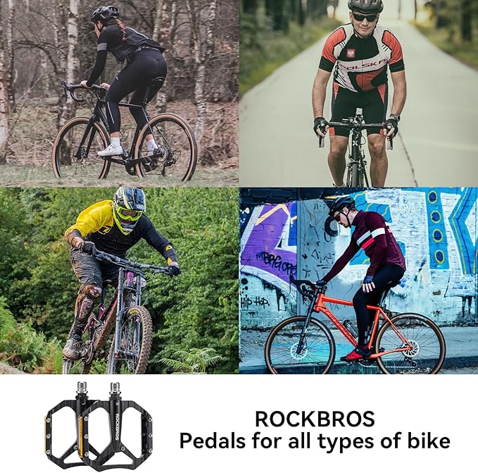 ROCKBROS Mountain Bike Pedals Aluminum 9/16" Sealed Bearing Lightweight Platform for Road Mountain BMX MTB Bike