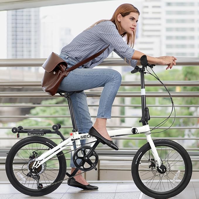 7-Speed Folding Bike, 20" x 1.95" Tires, Tri-Fold Design with Rear Rack Wheels, Steel Frame, Ideal for Urban Commuting