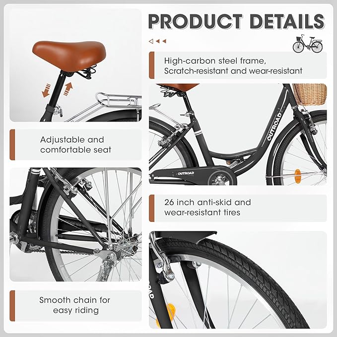 Outroad Comfort Bike for Women, 24/26 Inch Commuter Bicycle for Adult Men and Women, High-Carbon Steel Comfortable City Bikes with Rear Rack or Basket