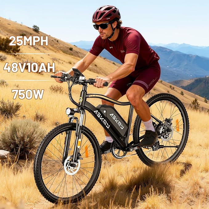 Electric Bike for Adults 750W Peak Motor, 26 Inch Mountain E-Bike with 48V Removable Battery, 7-Speed, Front Fork Suspension, Commuter Electric Bicycle with 25MPH and 40-55Miles PAS Range