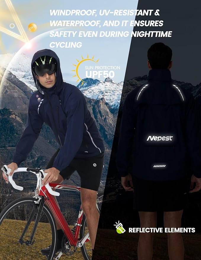 Nepest Cycling Rain Jacket Mens Waterproof Lightweight Packable Biking Windbreaker with Hood Raincoat for Running Hiking