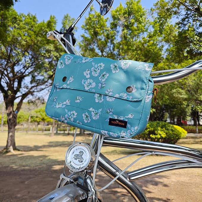 TOURBON Bike Bag Waxed Canvas Bicycle Handlebar Bag Zipper Closure Pouch Crossbar Front Frame Basket Cycling Saddebag Under Seat Strap-on Rear Rack Pannier (Blue with Flower)