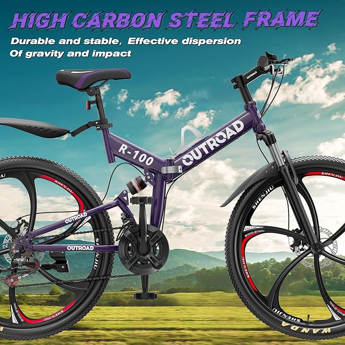 26" Foldable MTB – 21-Speed Full Suspension, High-Carbon Steel Frame, Dual Disc Brakes & Quick-Release Tires – Adults & Teens (Multiple Colors)