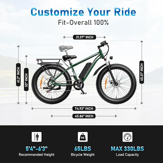 [UL Certified] Electric Bike for Adults with Peak 1500W Brushless Motor, 48V 15AH 35-60 Miles Battery Electric Bicycle, 26" Fat Tire Mountain Bike 28MPH 7 Speed Gears Ebike for Work,Off Road