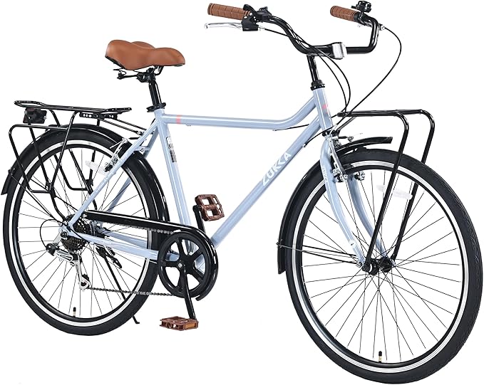 Vintage Style 26 Inch Adult Cruiser Bicycle Hybrid Bike 7 Speeds Commuter Bike for Women, Men, Seniors, SHMANO Shifter and derailleur Step-Over Steel Frame,Double Cargo Rack，4 Colors