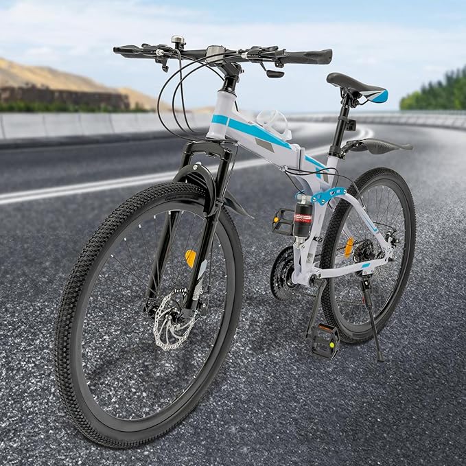 26 Inch Mountain Bike, 21 Speed Folding Bike, Foldable Bicycle for Daily Commuting, Fitness, Off-Road Challenges, Competition, Powerful Mechanical Dual Disc Brakes