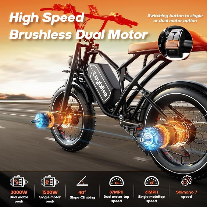 EUYBIKE Electric Bike for Adults, 2000W/3000W Peak Single/Double Motor with 48V/52V 25AH/30AH Battery, 20"x4.0" Fat Tires 35MPH/37MPH Ebike, Dual Hydraulic Disc Brake Full Suspension Electric Bicycle