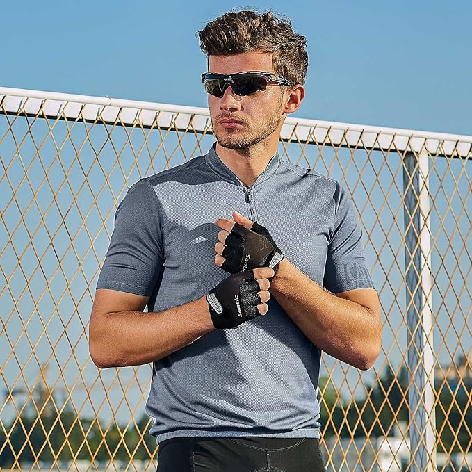 Santic Men's Cycling Jersey Short Sleeve Tops Pro Road Bike Shirt Full Zipper UPF 50+ MTB Jersey with Pockets