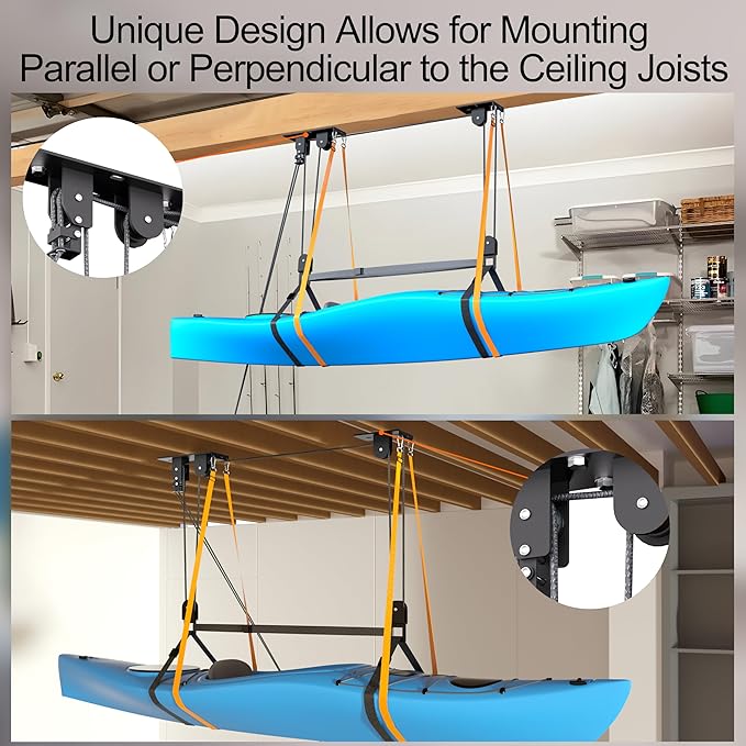 Kayak Hoist, Heavy Duty Kayak Pulley System for Garage Ceiling, Hold Up to 150 lbs Capacity, Canoe Garage Lift Storage System, Fit 10-18 Foot Ceilings, Black