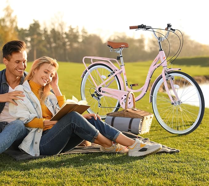 Commuter Bicycle, 26 Inch Ladies Bicycle for Adult, 7-Speed/High-Carbon Steel/Front & Rear Fenders, Ergonomic Upright Design Multiple Colors