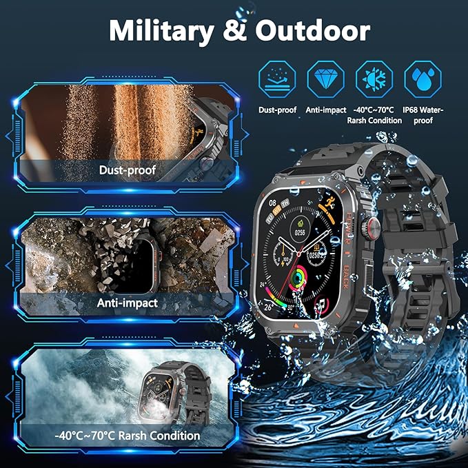 Smart Watch for Men, Military GPS Smartwatches with Call/Text, Health Monitor(Heart Rate/SpO2/Sleep), Compass/Altitude/Barometer, Outdoor Fitness Tracker for iPhone/Android(with GPS, Black)