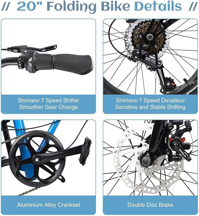 20 Inch Folding Bike for Adults, 7-Speed Shimano Gears & Dual Disc Brakes, Steel Frame,Compact Foldable Design- Perfect for Commuting/Travel