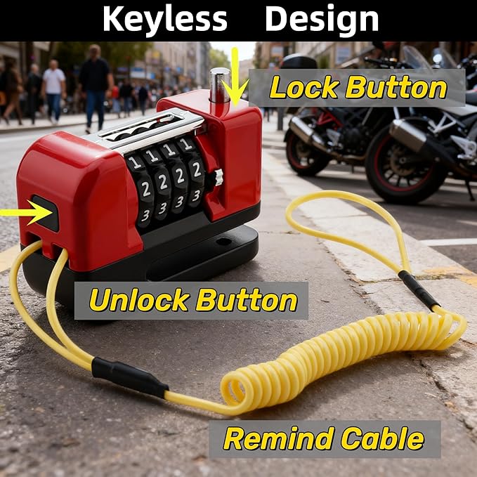 Windance Motorcycle Disc Brake Lock with Reminder Cable, Anti Theft Combination Wheel Lock,Waterproof Aluminum Alloy Keyless Password Security for Motorcycle Scooter Dirt Pit Bike E-Bike (Red)
