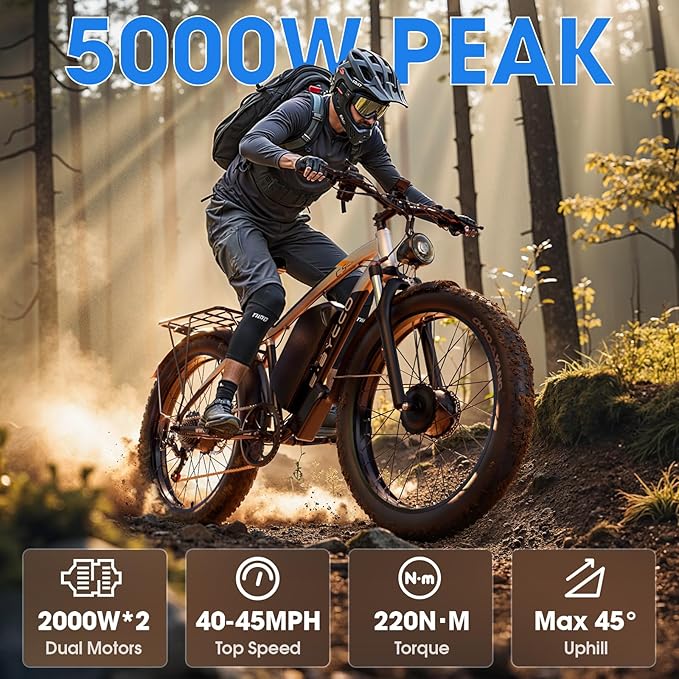 E·Bycco 5000W Peak Dual Motor Electric Bike for Adults, 24" Fat Tire Ebikes 52V 32AH, Max 45 MPH, 100 Miles Long Range, Hydraulic Brake, Pedal Assist Mountain Electric Bicycle