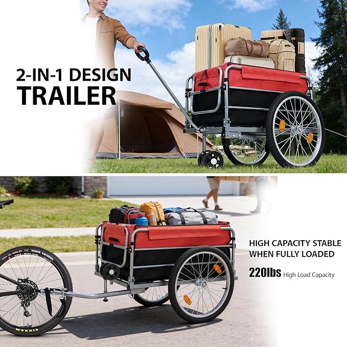 Aluminum Bike Cargo Trailer - 20" Wheel Folding Bicycle Trailer with Removable Oxford Fabric Cover, Safe Hitch System for Bike, Groceries & Travel