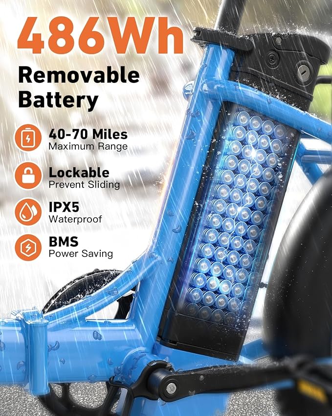 Electric Bike, 1000W Peak Folding Electric Bike, 486Wh 70 Miles Range Ebike, Waterproof Removable Battery, 7 Speed, 25 MPH Max, 20" Step-Thru Bicycle with Front Basket