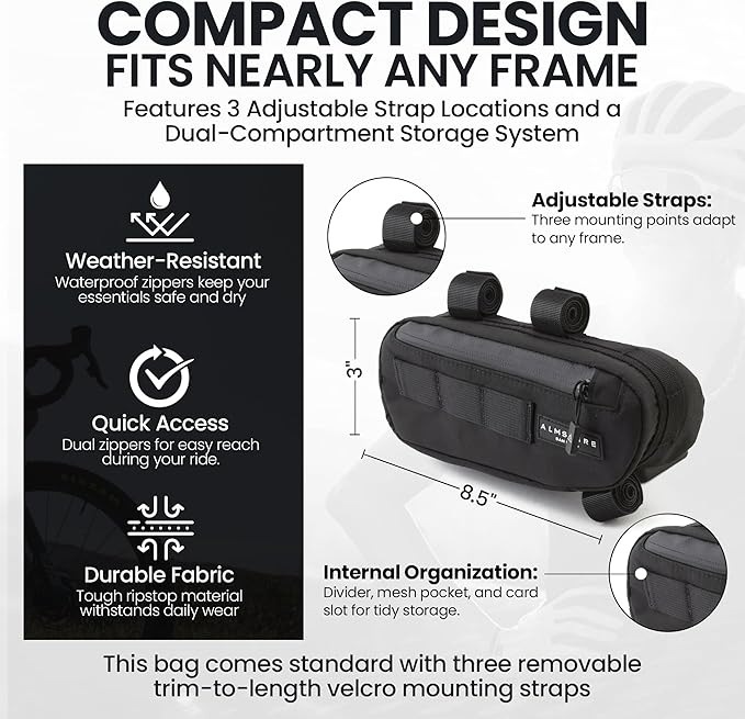 ALMSTHRE Bike Frame Bag | Weather-Resistant, Waterproof Zippers & Dual-Sided Access for Road, MTB, and Ebike Frames
